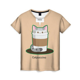 Женская футболка 3D с принтом Catpuccino в Кировске, 100% полиэфир ( синтетическое хлопкоподобное полотно) | прямой крой, круглый вырез горловины, длина до линии бедер | capuccino | cat | catpuccino | meow | капуччино | кот | котпуччино | кофе | мяу | стакан