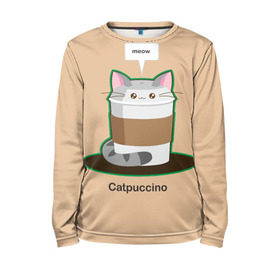 Детский лонгслив 3D с принтом Catpuccino в Кировске, 100% полиэстер | длинные рукава, круглый вырез горловины, полуприлегающий силуэт
 | Тематика изображения на принте: capuccino | cat | catpuccino | meow | капуччино | кот | котпуччино | кофе | мяу | стакан