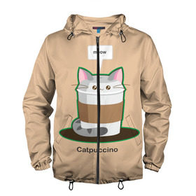 Мужская ветровка 3D с принтом Catpuccino в Кировске, 100% полиэстер | подол и капюшон оформлены резинкой с фиксаторами, два кармана без застежек по бокам, один потайной карман на груди | capuccino | cat | catpuccino | meow | капуччино | кот | котпуччино | кофе | мяу | стакан