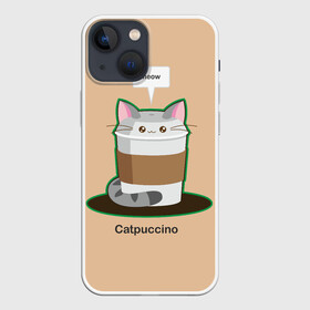 Чехол для iPhone 13 mini с принтом Catpuccino в Кировске,  |  | Тематика изображения на принте: capuccino | cat | catpuccino | meow | капуччино | кот | котпуччино | кофе | мяу | стакан