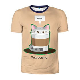 Мужская футболка 3D спортивная с принтом Catpuccino в Кировске, 100% полиэстер с улучшенными характеристиками | приталенный силуэт, круглая горловина, широкие плечи, сужается к линии бедра | Тематика изображения на принте: capuccino | cat | catpuccino | meow | капуччино | кот | котпуччино | кофе | мяу | стакан