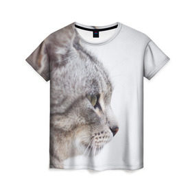 Женская футболка 3D с принтом Серый кот в Кировске, 100% полиэфир ( синтетическое хлопкоподобное полотно) | прямой крой, круглый вырез горловины, длина до линии бедер | взгляд | глаза | голова животного | киска | кот | котёнок | кошка | прикольные картинки