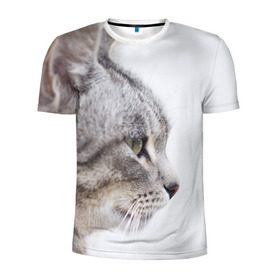 Мужская футболка 3D спортивная с принтом Серый кот в Кировске, 100% полиэстер с улучшенными характеристиками | приталенный силуэт, круглая горловина, широкие плечи, сужается к линии бедра | взгляд | глаза | голова животного | киска | кот | котёнок | кошка | прикольные картинки