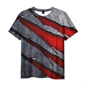 Мужская футболка 3D с принтом Следы когтей на металле в Кировске, 100% полиэфир | прямой крой, круглый вырез горловины, длина до линии бедер | когти | красный | металл | серебристый | следы | текстура