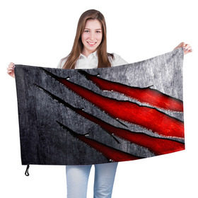 Флаг 3D с принтом Следы когтей на металле в Кировске, 100% полиэстер | плотность ткани — 95 г/м2, размер — 67 х 109 см. Принт наносится с одной стороны | когти | красный | металл | серебристый | следы | текстура
