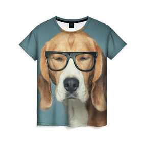 Женская футболка 3D с принтом Бигль в Кировске, 100% полиэфир ( синтетическое хлопкоподобное полотно) | прямой крой, круглый вырез горловины, длина до линии бедер | бигль | гончая | дворняжка | охотничья | песик | песики | собака | собаки