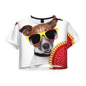 Женская футболка 3D укороченная с принтом Джек Рассел с веером в Кировске, 100% полиэстер | круглая горловина, длина футболки до линии талии, рукава с отворотами | Тематика изображения на принте: джек рассел | песик | песики | собака | собаки | терьер