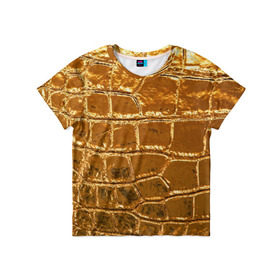 Детская футболка 3D с принтом Золотой Крокодил в Кировске, 100% гипоаллергенный полиэфир | прямой крой, круглый вырез горловины, длина до линии бедер, чуть спущенное плечо, ткань немного тянется | Тематика изображения на принте: gold | texture | глянец | золото | кожа | крокодил | текстура