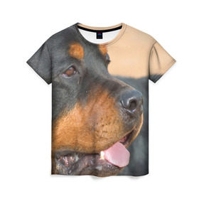 Женская футболка 3D с принтом Ротвейлер в Кировске, 100% полиэфир ( синтетическое хлопкоподобное полотно) | прямой крой, круглый вырез горловины, длина до линии бедер | большая | пес | песик | псина | ротвейлер | ротвейлеры | собака | собаки