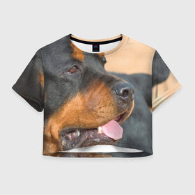 Женская футболка 3D укороченная с принтом Ротвейлер в Кировске, 100% полиэстер | круглая горловина, длина футболки до линии талии, рукава с отворотами | большая | пес | песик | псина | ротвейлер | ротвейлеры | собака | собаки