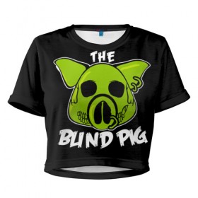 Женская футболка 3D укороченная с принтом Blind Pig в Кировске, 100% полиэстер | круглая горловина, длина футболки до линии талии, рукава с отворотами | ад | зеленый | свинья | череп