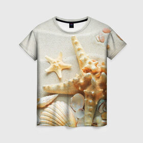 Женская футболка 3D с принтом Морской пляж 5 в Кировске, 100% полиэфир ( синтетическое хлопкоподобное полотно) | прямой крой, круглый вырез горловины, длина до линии бедер | Тематика изображения на принте: море | морская звезда | песок | пляж | ракушки | туризм | турист
