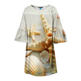 Детское платье 3D с принтом Морской пляж 5 в Кировске, 100% полиэстер | прямой силуэт, чуть расширенный к низу. Круглая горловина, на рукавах — воланы | Тематика изображения на принте: море | морская звезда | песок | пляж | ракушки | туризм | турист