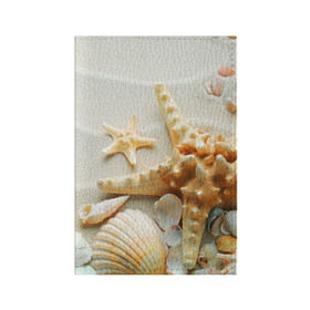 Обложка для паспорта матовая кожа с принтом Морской пляж 5 в Кировске, натуральная матовая кожа | размер 19,3 х 13,7 см; прозрачные пластиковые крепления | море | морская звезда | песок | пляж | ракушки | туризм | турист