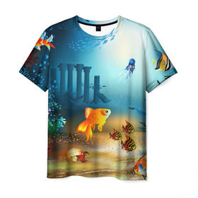 Мужская футболка 3D с принтом Золотая рыбка в Кировске, 100% полиэфир | прямой крой, круглый вырез горловины, длина до линии бедер | вода | водоросли | море | подводный мир | природа | рыба | рыбка | туризм