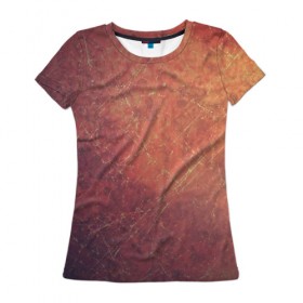 Женская футболка 3D с принтом Космические пятна в Кировске, 100% полиэфир ( синтетическое хлопкоподобное полотно) | прямой крой, круглый вырез горловины, длина до линии бедер | кометы | космос | оранжевый | пятна | текстура | царапины