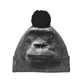 Шапка 3D c помпоном с принтом Взгляд в Кировске, 100% полиэстер | универсальный размер, печать по всей поверхности изделия | взгляд | голова | животные | о.м.с.к. | обезьяна | природа
