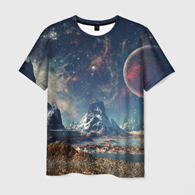 Мужская футболка 3D с принтом Космос в Кировске, 100% полиэфир | прямой крой, круглый вырез горловины, длина до линии бедер | space | галактика | горы | звёзды | космонавт | космос | планеты