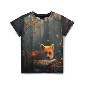Детская футболка 3D с принтом Лиса в Кировске, 100% гипоаллергенный полиэфир | прямой крой, круглый вырез горловины, длина до линии бедер, чуть спущенное плечо, ткань немного тянется | autum | forest | fox | лес | лиса | осень