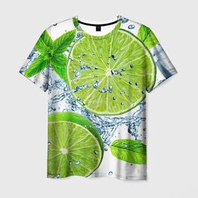 Мужская футболка 3D с принтом Свежесть лайма в Кировске, 100% полиэфир | прямой крой, круглый вырез горловины, длина до линии бедер | бармен | витамины | диета | коктель | куб | лед | мороз | новинки | холодный | цвет