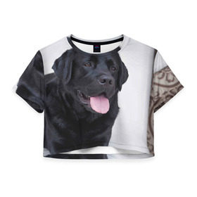 Женская футболка 3D укороченная с принтом Черный лабрадор в Кировске, 100% полиэстер | круглая горловина, длина футболки до линии талии, рукава с отворотами | большая | золотистый | лабрадор | лабрадоры | палевый | песик | ретривер | собака | собаки