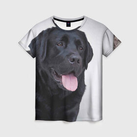 Женская футболка 3D с принтом Черный лабрадор в Кировске, 100% полиэфир ( синтетическое хлопкоподобное полотно) | прямой крой, круглый вырез горловины, длина до линии бедер | большая | золотистый | лабрадор | лабрадоры | палевый | песик | ретривер | собака | собаки