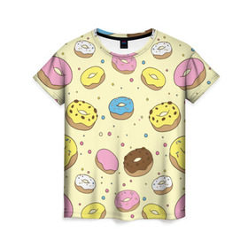 Женская футболка 3D с принтом Сладкие пончики в Кировске, 100% полиэфир ( синтетическое хлопкоподобное полотно) | прямой крой, круглый вырез горловины, длина до линии бедер | Тематика изображения на принте: булочки | гомер симпсон | еда | пончики | сладости