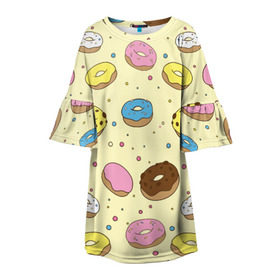 Детское платье 3D с принтом Сладкие пончики в Кировске, 100% полиэстер | прямой силуэт, чуть расширенный к низу. Круглая горловина, на рукавах — воланы | Тематика изображения на принте: булочки | гомер симпсон | еда | пончики | сладости