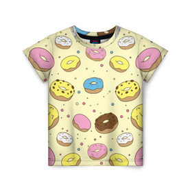 Детская футболка 3D с принтом Сладкие пончики в Кировске, 100% гипоаллергенный полиэфир | прямой крой, круглый вырез горловины, длина до линии бедер, чуть спущенное плечо, ткань немного тянется | булочки | гомер симпсон | еда | пончики | сладости