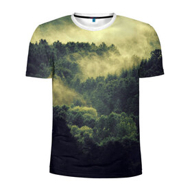 Мужская футболка 3D спортивная с принтом туманный лес в Кировске, 100% полиэстер с улучшенными характеристиками | приталенный силуэт, круглая горловина, широкие плечи, сужается к линии бедра | горы | лес | море | охота | приключения | природа | рыбалка | свобода | скалы | туман | туризм | экстрим