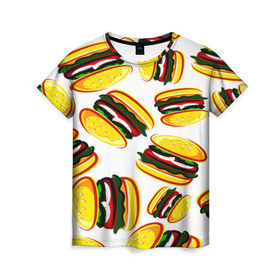 Женская футболка 3D с принтом Гамбургер в Кировске, 100% полиэфир ( синтетическое хлопкоподобное полотно) | прямой крой, круглый вырез горловины, длина до линии бедер | fast food | фастфуд