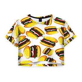 Женская футболка 3D укороченная с принтом Гамбургер в Кировске, 100% полиэстер | круглая горловина, длина футболки до линии талии, рукава с отворотами | fast food | фастфуд