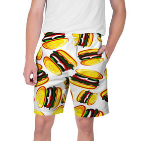 Мужские шорты 3D с принтом Гамбургер в Кировске,  полиэстер 100% | прямой крой, два кармана без застежек по бокам. Мягкая трикотажная резинка на поясе, внутри которой широкие завязки. Длина чуть выше колен | fast food | фастфуд