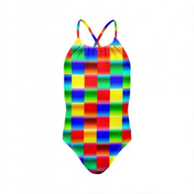 Детский купальник 3D с принтом Кубики в Кировске, Полиэстер 85%, Спандекс 15% | Слитный крой, подклад по переду изделия, узкие бретели | Тематика изображения на принте: абстракция | кубики | пиксели | плитка | разноцветный | яркий