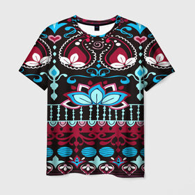 Мужская футболка 3D с принтом India Burgundy в Кировске, 100% полиэфир | прямой крой, круглый вырез горловины, длина до линии бедер | орнамент | разноцветный | цветы