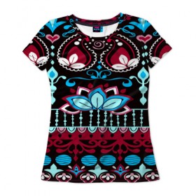 Женская футболка 3D с принтом India Burgundy в Кировске, 100% полиэфир ( синтетическое хлопкоподобное полотно) | прямой крой, круглый вырез горловины, длина до линии бедер | орнамент | разноцветный | цветы