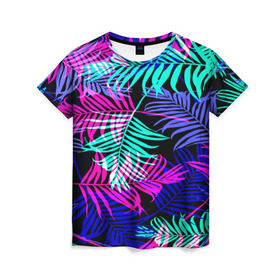 Женская футболка 3D с принтом Hawaii ? в Кировске, 100% полиэфир ( синтетическое хлопкоподобное полотно) | прямой крой, круглый вырез горловины, длина до линии бедер | листья | паттерн | разноцветный | тропики | яркий
