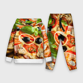 Детский костюм 3D (с толстовкой) с принтом Пицца в Кировске,  |  | Тематика изображения на принте: базилик | еда | зелень | маслины | оливки | пицца | помидоры