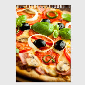 Скетчбук с принтом Пицца в Кировске, 100% бумага
 | 48 листов, плотность листов — 100 г/м2, плотность картонной обложки — 250 г/м2. Листы скреплены сверху удобной пружинной спиралью | базилик | еда | зелень | маслины | оливки | пицца | помидоры