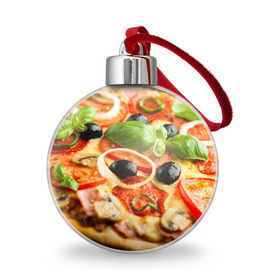 Ёлочный шар с принтом Пицца в Кировске, Пластик | Диаметр: 77 мм | Тематика изображения на принте: базилик | еда | зелень | маслины | оливки | пицца | помидоры