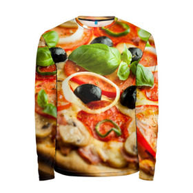 Мужской лонгслив 3D с принтом Пицца в Кировске, 100% полиэстер | длинные рукава, круглый вырез горловины, полуприлегающий силуэт | базилик | еда | зелень | маслины | оливки | пицца | помидоры