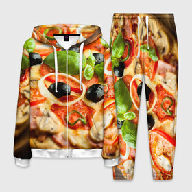 Мужской костюм 3D с принтом Пицца в Кировске, 100% полиэстер | Манжеты и пояс оформлены тканевой резинкой, двухслойный капюшон со шнурком для регулировки, карманы спереди | Тематика изображения на принте: базилик | еда | зелень | маслины | оливки | пицца | помидоры