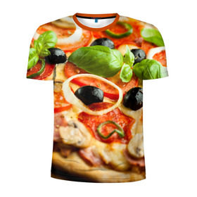 Мужская футболка 3D спортивная с принтом Пицца в Кировске, 100% полиэстер с улучшенными характеристиками | приталенный силуэт, круглая горловина, широкие плечи, сужается к линии бедра | базилик | еда | зелень | маслины | оливки | пицца | помидоры