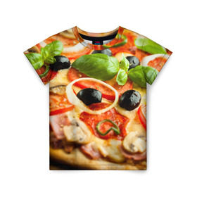 Детская футболка 3D с принтом Пицца в Кировске, 100% гипоаллергенный полиэфир | прямой крой, круглый вырез горловины, длина до линии бедер, чуть спущенное плечо, ткань немного тянется | Тематика изображения на принте: базилик | еда | зелень | маслины | оливки | пицца | помидоры