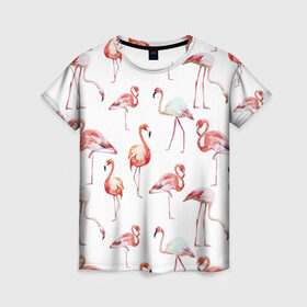 Женская футболка 3D с принтом Узор из фламинго в Кировске, 100% полиэфир ( синтетическое хлопкоподобное полотно) | прямой крой, круглый вырез горловины, длина до линии бедер | животные | мозаика | птицы | узор | фауна | фламинго