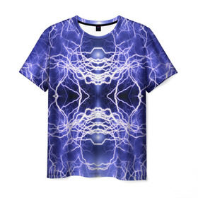 Мужская футболка 3D с принтом Static Electricity в Кировске, 100% полиэфир | прямой крой, круглый вырез горловины, длина до линии бедер | Тематика изображения на принте: static electricity | белый | молнии | разряд | синий | статическое электричество | фиолетовый | чёрный