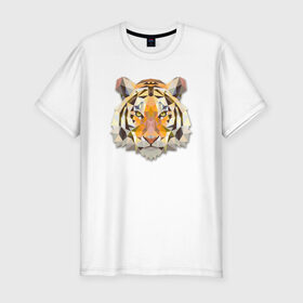 Мужская футболка премиум с принтом Полигональный тигр в Кировске, 92% хлопок, 8% лайкра | приталенный силуэт, круглый вырез ворота, длина до линии бедра, короткий рукав | геометрический рисунок | голова | животные | тигр | фауна