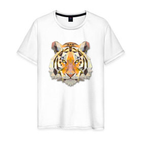 Мужская футболка хлопок с принтом Полигональный тигр в Кировске, 100% хлопок | прямой крой, круглый вырез горловины, длина до линии бедер, слегка спущенное плечо. | геометрический рисунок | голова | животные | тигр | фауна
