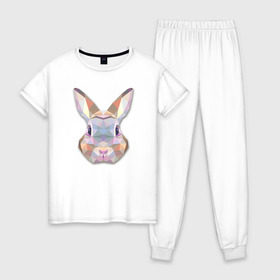 Женская пижама хлопок с принтом Полигональный кролик в Кировске, 100% хлопок | брюки и футболка прямого кроя, без карманов, на брюках мягкая резинка на поясе и по низу штанин | геометрический рисунок | голова | животные | кролик | фауна