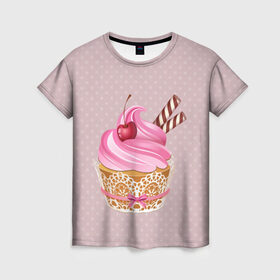 Женская футболка 3D с принтом пироженка в Кировске, 100% полиэфир ( синтетическое хлопкоподобное полотно) | прямой крой, круглый вырез горловины, длина до линии бедер | candy | вишня | еда | конфеты | крем | пироженое | сладости